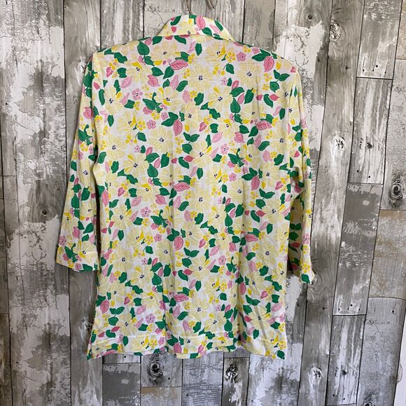 VTG NWT Leon Levine yellow and pink floral 1/4 sleeve collar top PS - Picture 7 of 7